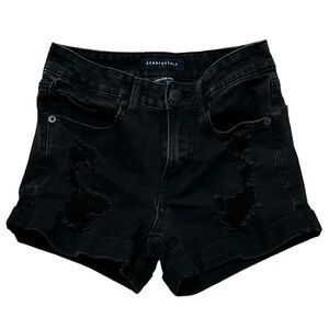 Aeropostale Distressed Black Denim Shorts Cuffed Hem Button zipper Fly Size 4